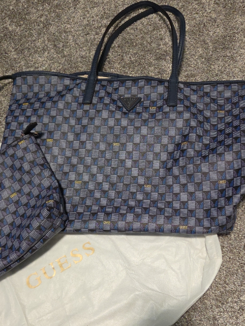 GUESS Navy Blue Checker Tote with Matching Pouch - Picture 2 of 6